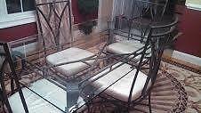 Table beveled glass and wrought iron with 4 chairs