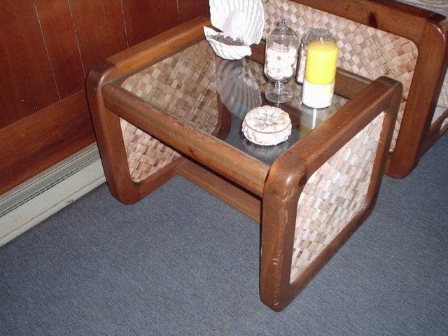 THIS IS A VERY FINE CUSTOM MADE TEAK WOOD RATAN BACK TABLE WITH GLASS