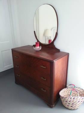 Three Drawer Dresser with Beveled Mirror and Matching Nightstand