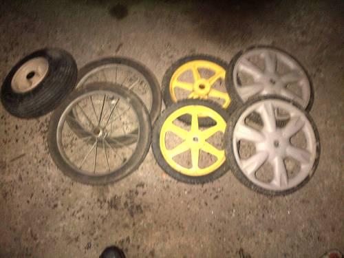 Tire chains, tall mower/cart wheels, lawn seeder
