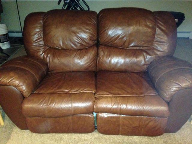 Used Brown leather recliner love seat and recliner chair