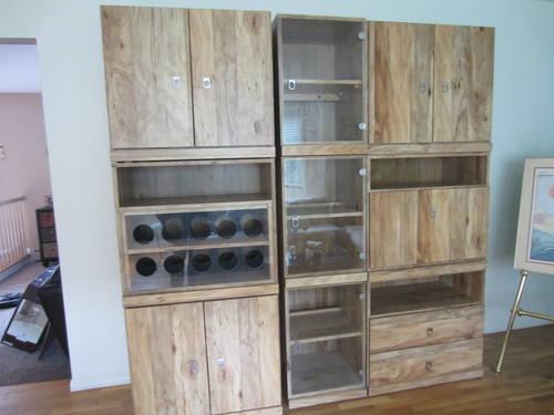 Used Golden Oak Wall Unit- Three piece with bar/ and glass display s