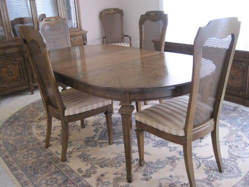 Vintage 1969 Fruitwood Dining Room Set, Cane Chairs, Brass Hardware