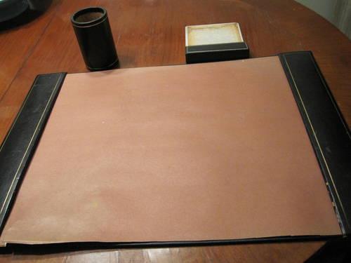 Vintage 3-Piece Black Leather Desk Set and Blotters