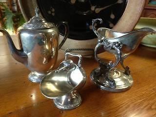 Vintage silver-plated teapot, sugar bowl, gravy boat w/ warmer