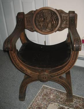 Vtg Rustic Primitive Dark Wooden Hand Carved Chair Throne Leather Seat