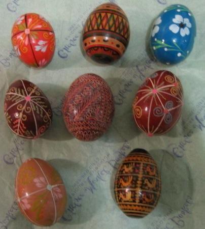WOODEN EGGS hand carved and painted, group of eight