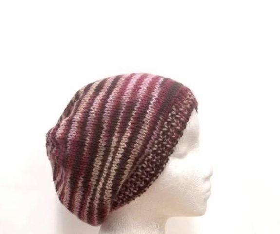 Wool knit beanie pink variegated handmade hat