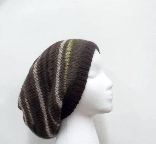 Wool oversized hat, olive,tan and brown stripes, hand knitted