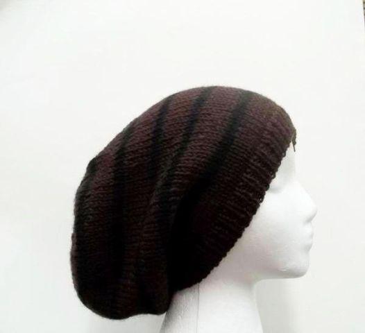 Wool slouchy beanie hat, brown with black stripes. size large