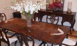 Maitland-Smith Regency Finished Mahogany Double Pedestal Dining Table with Brass Casters and Two 20" Leaves - 80"W x 44"D x 30"H extends to 120" Suggested Retail Price $ 3,500. Selling with (8) Maitland -Smith Antique Mahogany and Black Chinoiserie