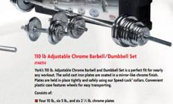 New
110 lb. York Chrome Adjustable Barbell / Dumbbell Set
Product Number: 144114
York's 110 lb. Adjustable Chrome Barbell and Dumbbell Set is a perfect fit for nearly any workout. The solid cast iron plates are coated in a mirror-like chrome finish.
