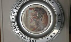 Set of six pewter plates with ceramic center disc - you are buying 5 plates and receiving 6 - the spirit of 76( A. M. Willard ) - surrender of Cornwallis ( John Turnbull )- Washington crossing the Delaware ( Emanual Leukze ) - the battle of bunker hill (