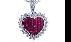 INVISIBLE SET RUBY HEART SHAPED PENDANT WITH ROUND DIAMOND ACCENTS AND DIAMOND BAIL SET IN 18KT WHITE GOLD (1.20CTW)
Pendant Style: Heart Accent Stones 1 Ruby
Diamond Shape: Round Diamond
Color: G-H
Diamond Clarity: SI1-SI2
Diamond Carat: 0.40 ct
Side