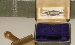 1920 Gillette Milady Decollete Parisienne w Blades
RICHARDS RAZORS; MAKE ME AN OFFER I CAN'T REFUSE!
Here is a 1920 "Milady Decolletee Parisienne" gold plated lady's safety razor. This great razor
kit came in a GREEN/GOLD case. It originally used the