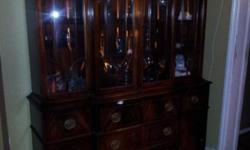 Mahogany China Cabinet Bubble Glass-This early 20th century beautiful cabinet features mahogany wood.-Hand glazed original bubble glass is in excellent condition.-Center drawer pulls out to reveal a leather topped writing area with cubbies (
