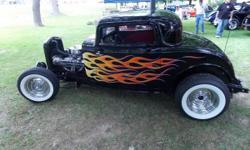1932 Ford 3 Window Coupe for sale (NY) - $35,500
1932 Ford three window coupe.
Chopped 2 inches. Outlaw body
US Stampings 32 Ford frame rails
Black exterior with Larry Hook flames.
Interior is Black and Red tucked imitation leather w/ Tease seat.
350