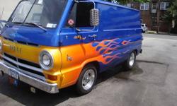 1965 Dodge A100 custom Van (No Door)
Beautiful Fade/Flames over Dodge Viper Blue Paint
360 V8 engine, Edelbrock 600 CFM carb with aluminum Intake. Electronic Ignition
Custom engine cooling system.
3 Speed automatic ?904 with shift kit? floor shift.
3.55:1