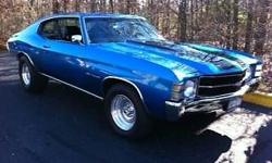 1971 Chevy Chevelle Malibu 400.
Completely restored 5 years ago inside and out, and the paint looks like glass... 2500 miles since restoration.
Recently rebuilt bulletproof turbo 350 transmission with a pro torque $1000 - 3000 rpm stall converter. 12 bolt