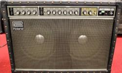 The Amp is made in the USA, 120 watts, 2 12 inch speakers (made in Japan), full stereo chorus and vibrato.
This is in excellent condition, perfect working order and was used for years in a local band and then stored. We've played and tested it and it