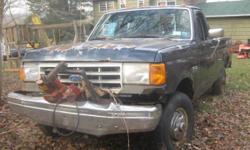For sale 1990 Ford pickup F250 Custom with plow. Blue exterior, blue fabric (worn and ripped) interior. Needs some work- alternator, plow pump, wheel hub/ bearing, cab mounts, brake line and possibly additional work. Had brakes and rotors changed. Comes