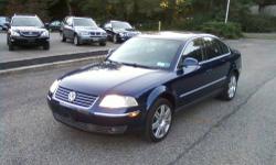 Call Greg @ 914-456-1215 Immaculate 2-owner 2005 VW Passat GLS 4dr w/ only 58,000 miles and many options. Mirrorlike Shadow Blue w/ Charcoal leather interior. 1.8T turbo 4cyl w/ 170HP that gets almost 35mpg highway;5-speed Tiptronic/automatic