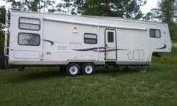 2003 Citation 5th Wheel with 2 Bedrooms. Laurel green/neutral interior with oak style cabinetry. Sleeps 8. Day/Night shades throughout. Rear enclosed bunkhouse with 2 bunks (TV included in bunkroom, 2 clothes cabinets and drawers. Front master queen