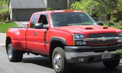 2004 CHEVY SILVERADO
SELDOM DRIVEN IN THE WINTER
NO RUST/DENTS/PAINTWORK
JUST SERVICED
DURAMAX DIESEL 6.6
TWO WHEEL DRIVE
ELECTRIC BRAKES FOR TOWING
EXPANDABLE REAR VIEW MIRRORS
POSI TRACTION
ALLISON TRANSMISSION
8' BOX
RED/GREY CLOTH
83,000 MILES
CLEAN