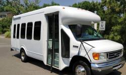 Excellent condition 2006 Ford E-450 fiberglass body 14 passenger plus driver shuttle bus. This beautifully well maintained bus has a rugged and dependable Triton 6.8L V-10 engine which delivers superb performance and power under load. This engine is known