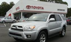 2006 4RUNNER-LIMITED-V6-4WHEEL DRIVE. METALIC SILVER, GREY LEATHER INTERIOR. MOONROOF, ALLOY WHEELS. ONE OWNER, EXTREMELY WELL CARED FOR. TOYOTA CERTIFIED WITH SPECIAL 1.9% FINANCING AVAILABLE UP TO 60 MONTHS. CALL US TODAY TO SCHEDULE YOUR TEST DRIVE.