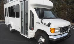 2007 Ford E-350 9 passenger shuttle bus for sale with only 67k well maintained miles. Equipped with an efficient yet powerful gas 5.4L V8 engine and 5 speed, smooth shifting automatic transmission with overdrive. The cabin is complete with dual A/C and