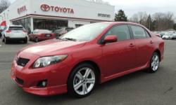 2009 COROLLA XRS-4CYL-FWD-MANUAL TRANSMISSION. RARE VEHICLE AND HARD TO FIND. METALIC RED, DARK GREY INTERIOR, MOONROOF, ALLOY WHEELS. VERY CLEAN IN AND OUT. TOYOTA CERTIFIED WITH 1.9% FINANCING AVAILABLE UP TO 60 MONTHS. THIS VEHICLE ALSO RECEIVES OUR