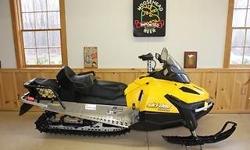 This Ski Doo Tundra 550Fan includes snap on 2-up seat with Handles and Muffs, Tow Hitch, Hand & Thumb Warmers, Electric Start, REV-XU deep lug track, Ski Doo Travel Pack, Mirrors & Spare Belt, Low Miles - 844.
Snowmobile has been stored in a heated garage