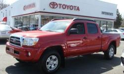 2010 TACOMA-SR5-V6-AWD-CREWCAB LONG BED, METALIC RED, ASH INTERIOR, ALLOY WHEELS. TOYOTA CERTIFIED WITH 2.9% FINANCING AVAILABLE UP TO 60 MONTHS. THIS VEHICLE ALSO RECEIVES OUR EXCLUSIVE LIFETIME POWERTRAIN WARRANTY. CALL US TO TODAY TO SCHEDULE YOUR TEST