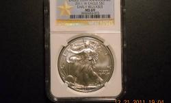 2011-W NGC MS69 25th Anniversary Silver Eagle (Burnished).
This is the First year they Burnished the Silver Eagle since 2008.
This is a beautiful Slabbed Coin. A great addition to any Collection.
NCG Yellow Label. This is an Early Release Coin.
$60 O.B.O.