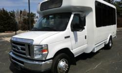 2012 Ford Eldorado Aerotech new style E-450 fiberglass 14 passenger bus and equipped with a reliable and powerful 6.8L Ford V-10 engine and a 5 speed automatic transmission with overdrive. It will deliver great power and quiet ride and will get your group