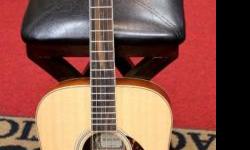 One owner, used very little and loved very much. All original with upgraded maple bridge pins (original plastic pins included). Original Larrivee Hardshell Case included.
Dreadnought body, all-solid wood construction with African Sapele back and sides,