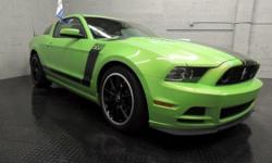 TAKE A LOOK AT THIS GOTTA HAVE IT GREEN METALLIC TRI COAT 2013 FORD MUSTANG BOSS 302 WITH ONLY 10,646 MILES. HAS ONLY 1 PREVIOUS OWNER, AND HAS A CLEAN CARFAX REPORT. THIS MUSTANG IS EQUIPPED WITH A 444HP 5.0L V8 ENGINE, 6 SPEED MANUAL TRANSMISSION, BLACK