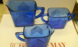 2 Vintage 1930s/1940s Hazel Atlas Chevron Blue Glass Pitchers $15
Made by the Hazel Atlas Company during the Depression in the 1930s/1940s. Offered by a soap company as a premium that could be ordered after a certain number of purchases. Made of cobalt
