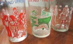 3 vintage Archie glasses (Welch), Archie Comic Publications, in perfect condition
Betty & Veronica Fashion Show (1971)
Betty & Veronica Give a Party (1973)
Archie Taking the Gang for a Ride (1971)
Each is 4 1/4" high and 2 1/2" across
They may be