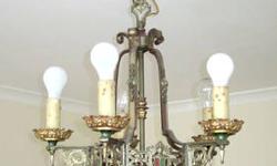 5-Arm Chandelier:
1920's French style; Fleur de Lis, with Shield&Armor embellishing.
Each light cup (bobeche) is stamped with the original "ART CRAFT" logo. (This is not the company which began in 1955).
It is in perfect working order, taken down due to