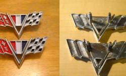 64 65 66 67 CHEVY IMPALA CHEVELLE NOVA CAMARO FENDER EMBLEM FLAGS PAIR.
These flags are Used and have been hand painted. The chrome is still intact and in great condition.
Both pins are intact. Great addition for a restoration project.
$15 Per Set of 2,