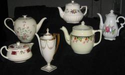 All 6 teapots are used with a touch of rubbing. Lenox teapots tallest in pic, lid has a chip with two crack lines on lower lip.
Back stamped made in:
(2) Japan
(1) Lenox
(1) Homer Langlin, USA
(1) Drip-O-Later, Massillion, Ohio
(1) H&C Bavaria, Germany
In