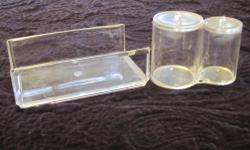 acrylic guest towel holder, 8 1/2" x 2 3/4", in excellent condition $10
2-compartment cotton ball and q-tip holder, small chip on outside on one lid and small chip on inside of other lid, $8
Both items purchased together $16