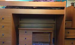 Solid finished wood bunk bed, with twin bed and spring mattress. In perfect condition only five years old and barely used. Instead of a ladder there is a staircase made up of draws and between the desk and the bunk's frame there are twelve large draws.