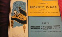Andy Warhol 1957 cover and record of RCA Victor Bluebird Classics, Gershwin Rhapsody in Blue, Grofe's Grand Canyon Suite excerpts, Hugo Winterhalter and his Orchestra, Byron Janis, pianist for Rhapsody in Blue, record is slightly scratched, cover is torn