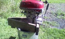1953 twin cylinder mercury outboard motor
7.5 horsepower
It runs too. owner fixed it himself. he can fix anything with a motor
the lower unit is 28 inches from the bottom of the engine to the bottom of the lower unit