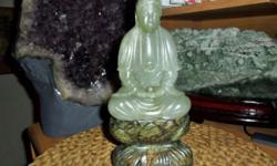 Antique Hetian Jade Buddha Statue. Measures 10" Tall and in Excellent Condition. The base is Soapstone. This is an original imported Chinese Antique piece and not a reproduction. Origin China Age 1900-1940 Chinese Hand-Crafted Carved Hetian Jade on soap