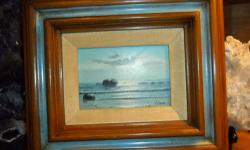 Antique Oil Painting Ocean Beach Scenery of the Sun Settling over the Water, Low Carm Waves and Rocks. By the Artist: Lisa. This is a very Old Picture 1960's. Measurements: 6 1/2? x 4 1/4? Frame: 14 1/2? x 12 1/2? Colors: Blue, White and Gray. Frame: