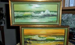 Antique Oil Painting Set of 2 Ocean Scenery. By the Artist: W. Pete. Signature on Painting right hand side of Picture . These are very Old Pictures 1950's. Frame and Pictures in Excellent Shape. Measurement: of Picture 8 5/8? x 3 7/8? and in the Frame 10
